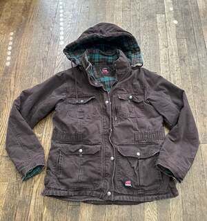 Berne Women's Softstone Duck Hooded Barn Coat Plaid Lined Dark Brown Size Medium